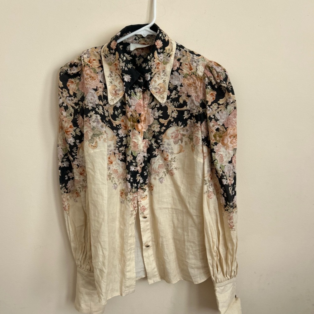 Zimmermann Illustration Body Shirt Linen Black and Cream Floral Blouse AU 1 - Picture 4 of 9